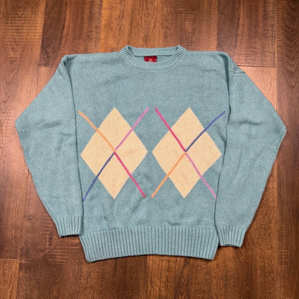 Vintage 90s Nordstrom Silk Argyle Knit Sweater Mens Medium Sage Blue Crewneck